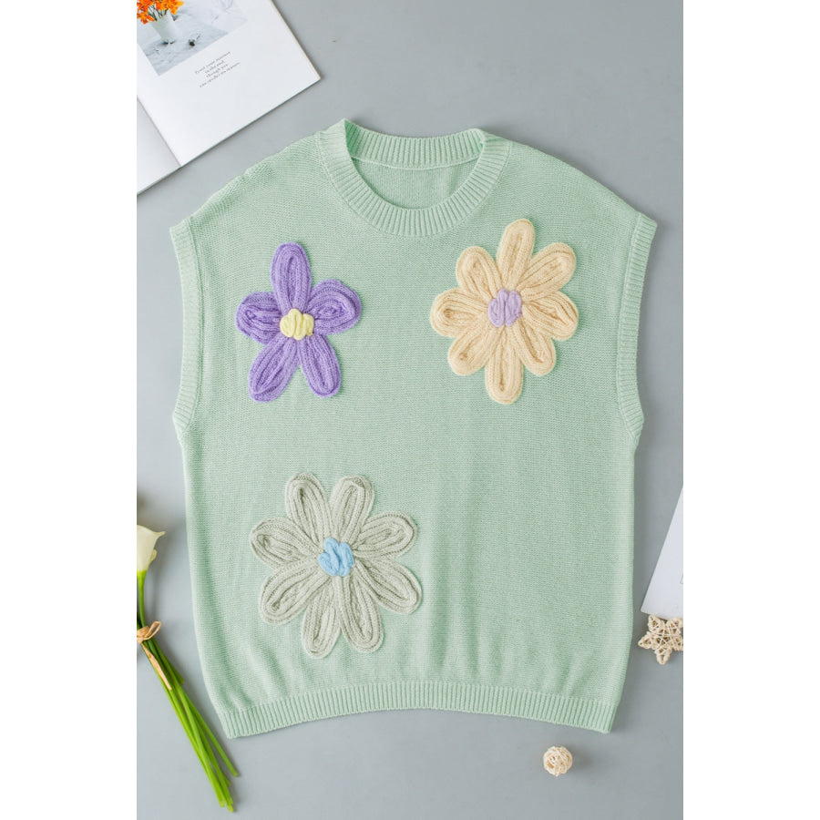 Crochet Flower Round Neck Sweater Vest Sage / S Apparel and Accessories