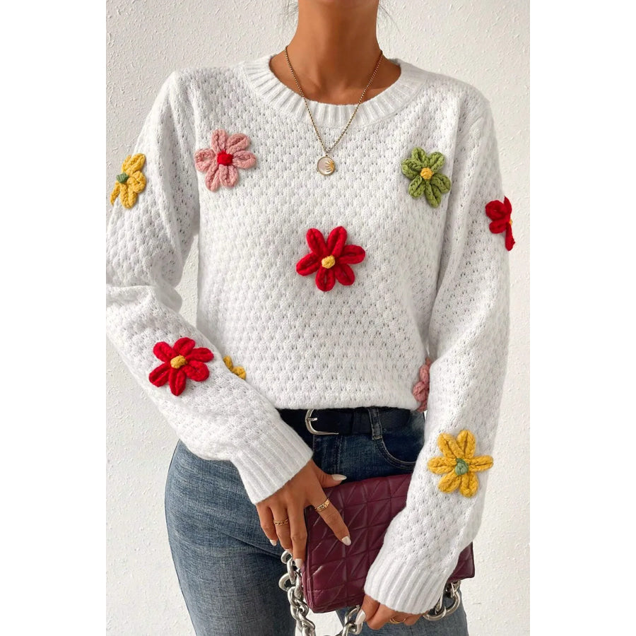 Crochet Flower Round Neck Sweater White / S Apparel and Accessories