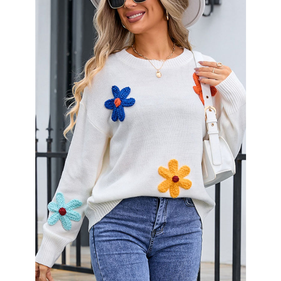 Crochet Flower Round Neck Sweater White / S Apparel and Accessories