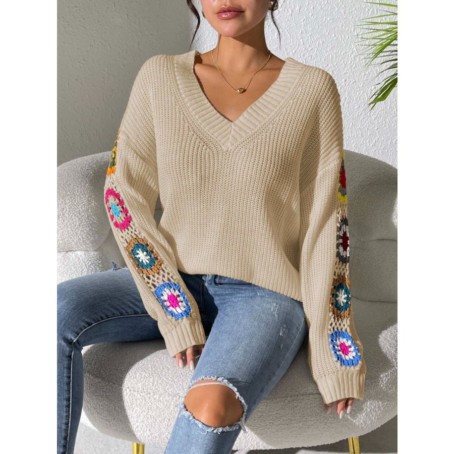 Crochet Flower V-Neck Sweater Apparel and Accessories