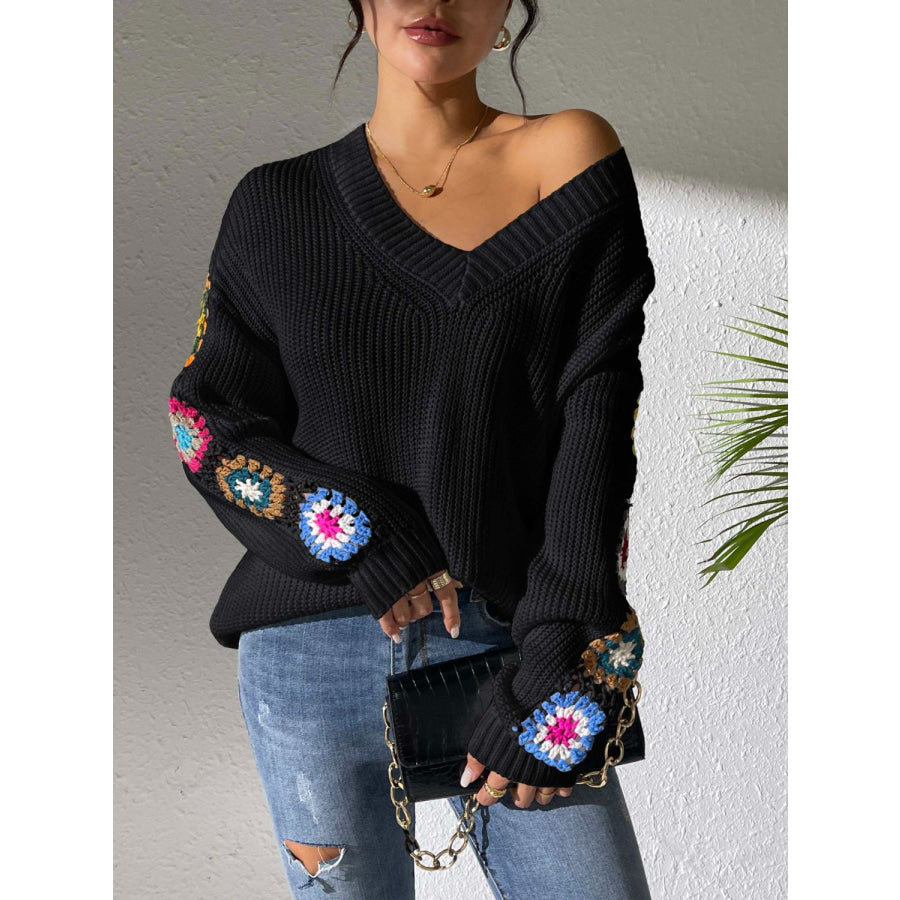 Crochet Flower V-Neck Sweater Apparel and Accessories