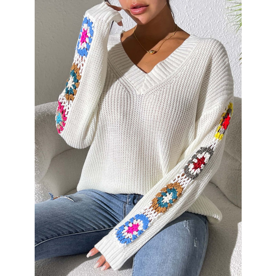 Crochet Flower V-Neck Sweater Apparel and Accessories