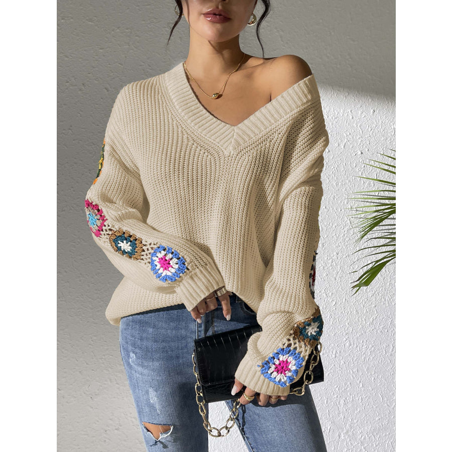 Crochet Flower V-Neck Sweater Apparel and Accessories