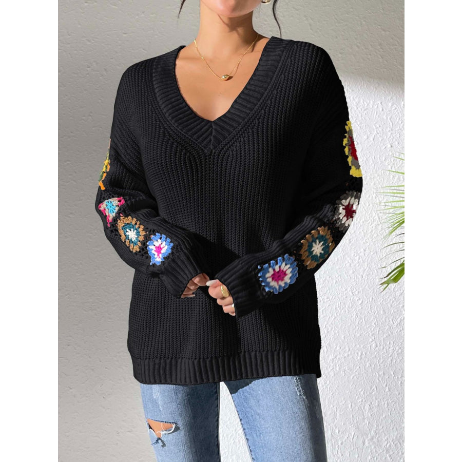 Crochet Flower V-Neck Sweater Black / S Apparel and Accessories