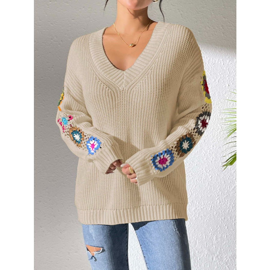 Crochet Flower V-Neck Sweater Tan / S Apparel and Accessories