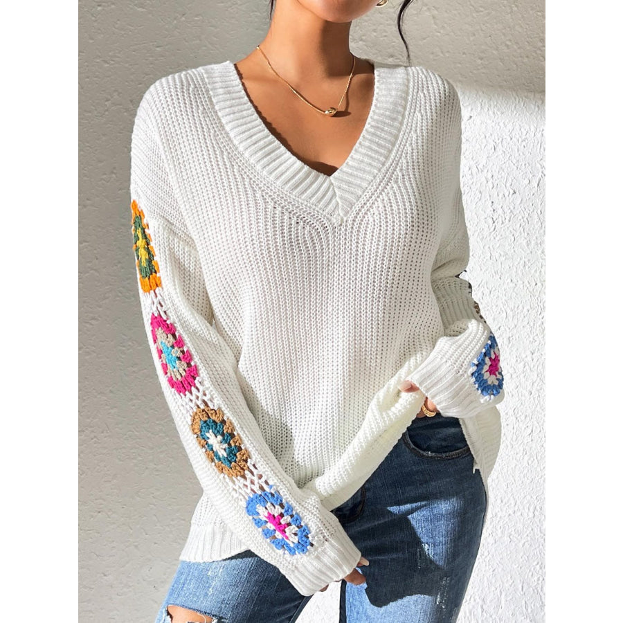 Crochet Flower V-Neck Sweater White / S Apparel and Accessories