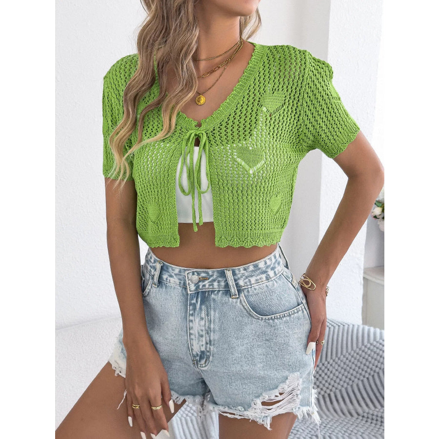 Crochet Heart Pattern Tie Front Cardigan Apparel and Accessories