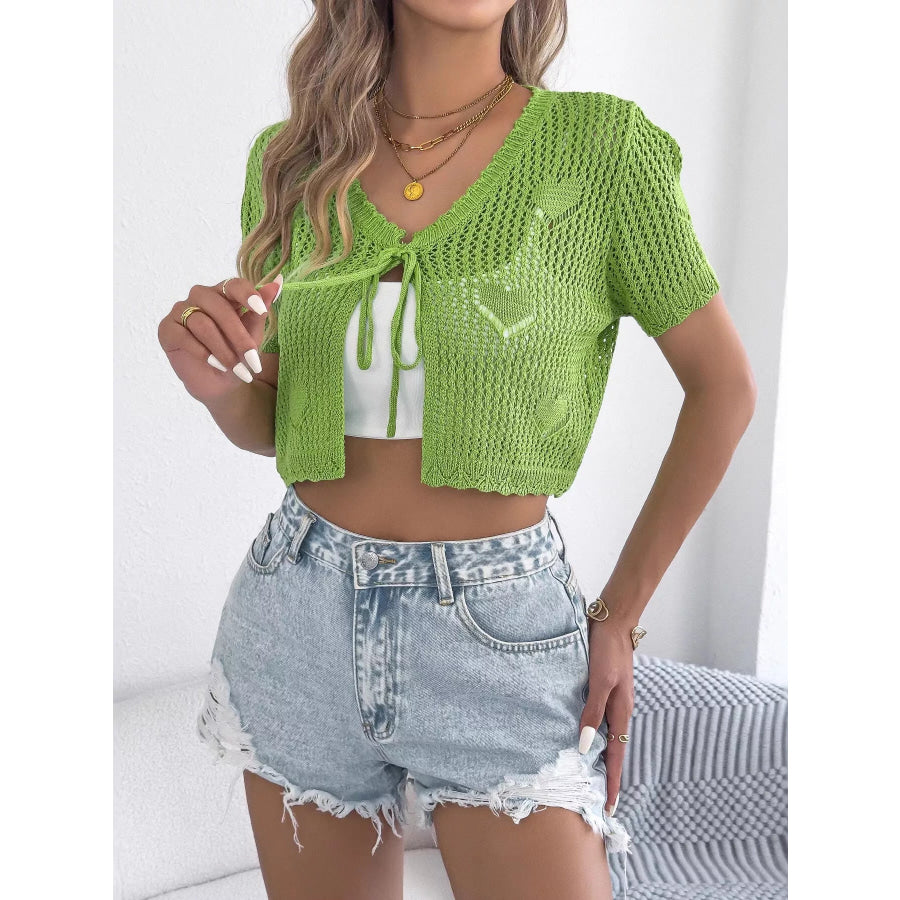 Crochet Heart Pattern Tie Front Cardigan Apparel and Accessories