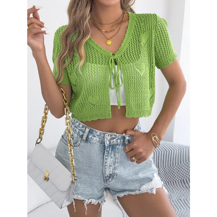 Crochet Heart Pattern Tie Front Cardigan Green / S Apparel and Accessories