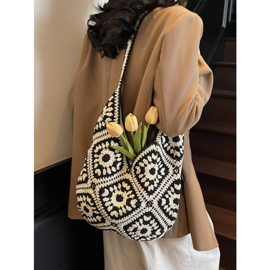 Crochet Hobo Shoulder Bag Black / One Size Apparel and Accessories