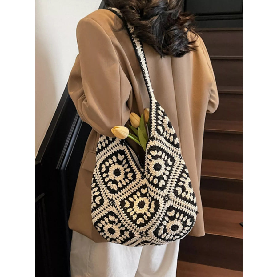 Crochet Hobo Shoulder Bag Black / One Size Apparel and Accessories