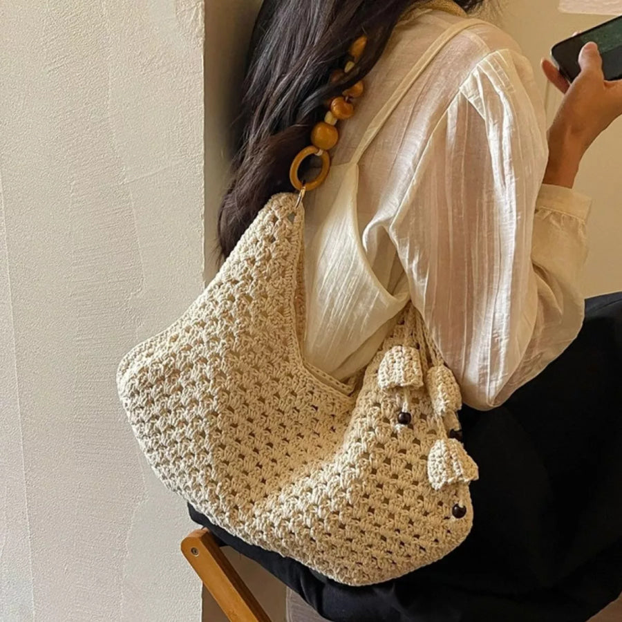 Crochet Knit Beaded Strap Shoulder Bag Off-white / onesize Apparel and Accessories