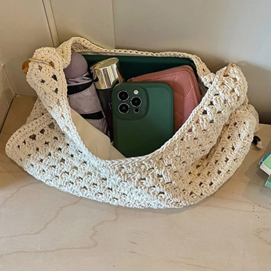 Crochet Knit Beaded Strap Shoulder Bag Off-white / onesize Apparel and Accessories