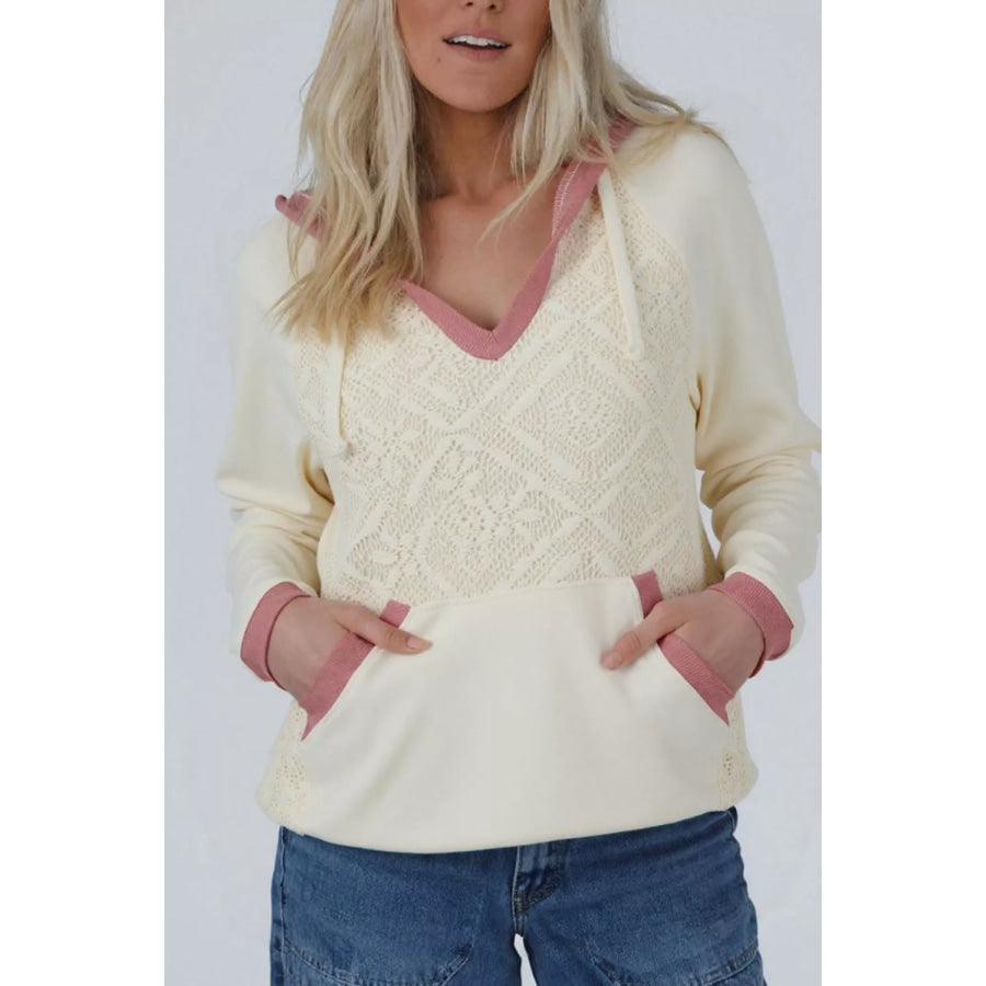Crochet Knit Contrast Trim Hoodie Apparel and Accessories