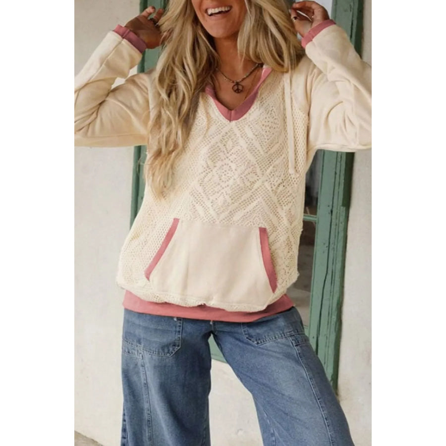Crochet Knit Contrast Trim Hoodie White / S Apparel and Accessories
