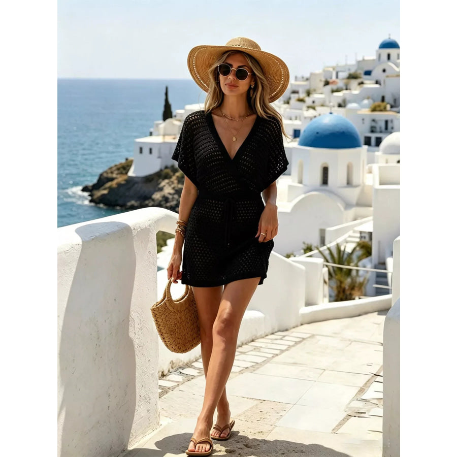 Crochet Knit Drawstring Waist Cover-Up Dress Apparel and Accessories