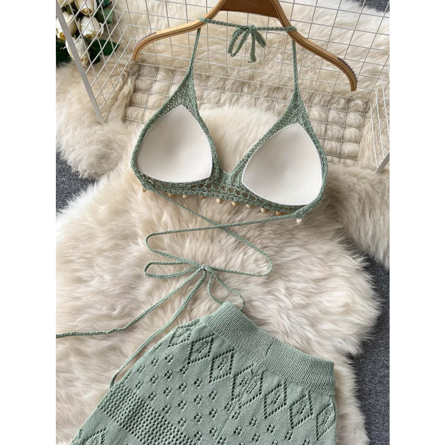 Crochet Knit Halter Neck Top and Wide Leg Pants Set Apparel and Accessories