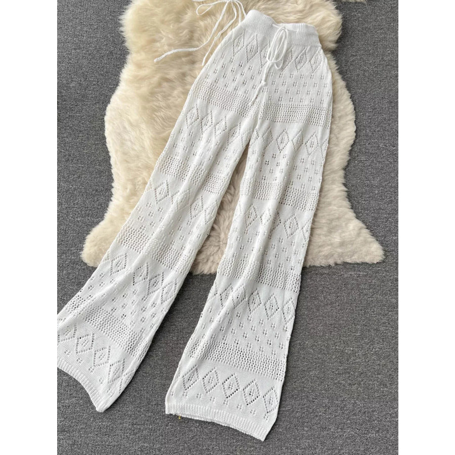 Crochet Knit Halter Neck Top and Wide Leg Pants Set Apparel and Accessories
