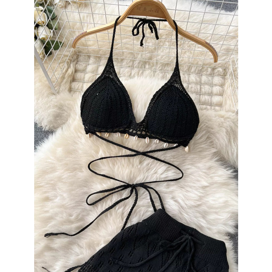 Crochet Knit Halter Neck Top and Wide Leg Pants Set Apparel and Accessories