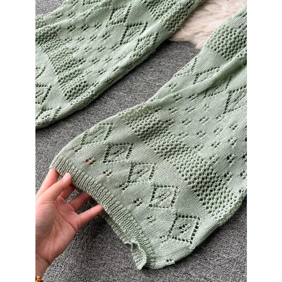 Crochet Knit Halter Neck Top and Wide Leg Pants Set Apparel and Accessories