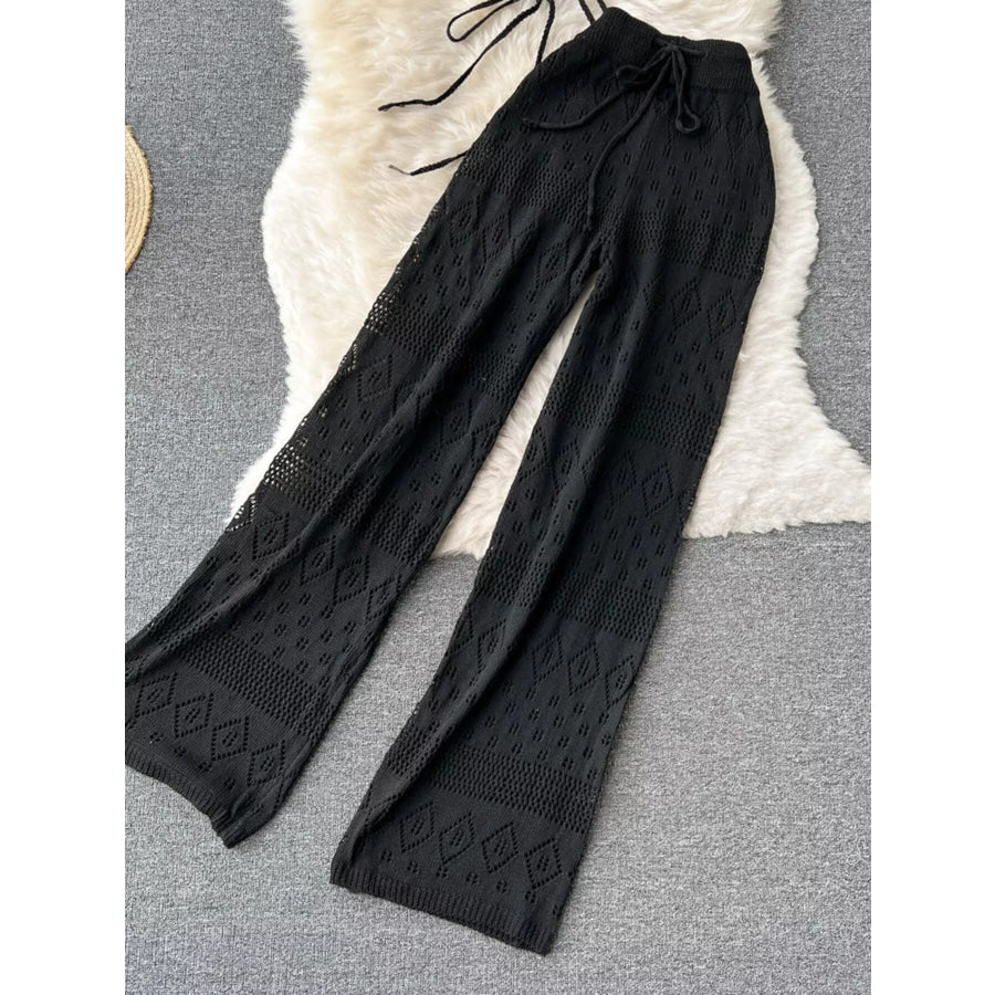 Crochet Knit Halter Neck Top and Wide Leg Pants Set Apparel and Accessories