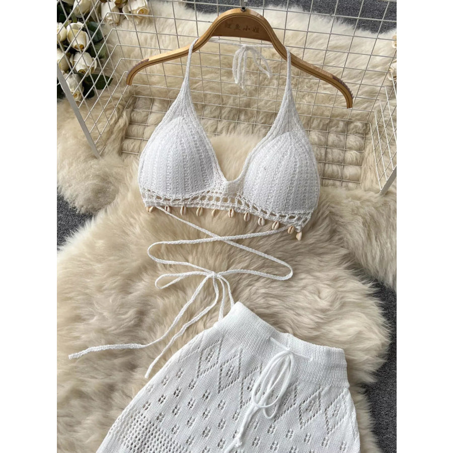 Crochet Knit Halter Neck Top and Wide Leg Pants Set Apparel and Accessories