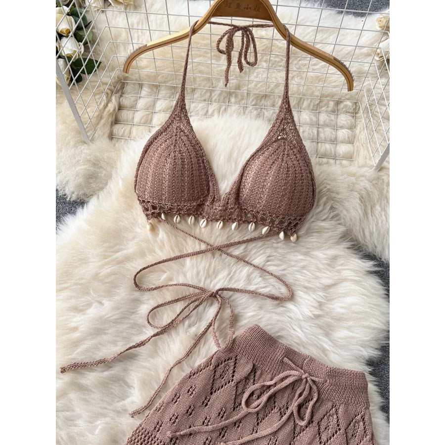 Crochet Knit Halter Neck Top and Wide Leg Pants Set Apparel and Accessories