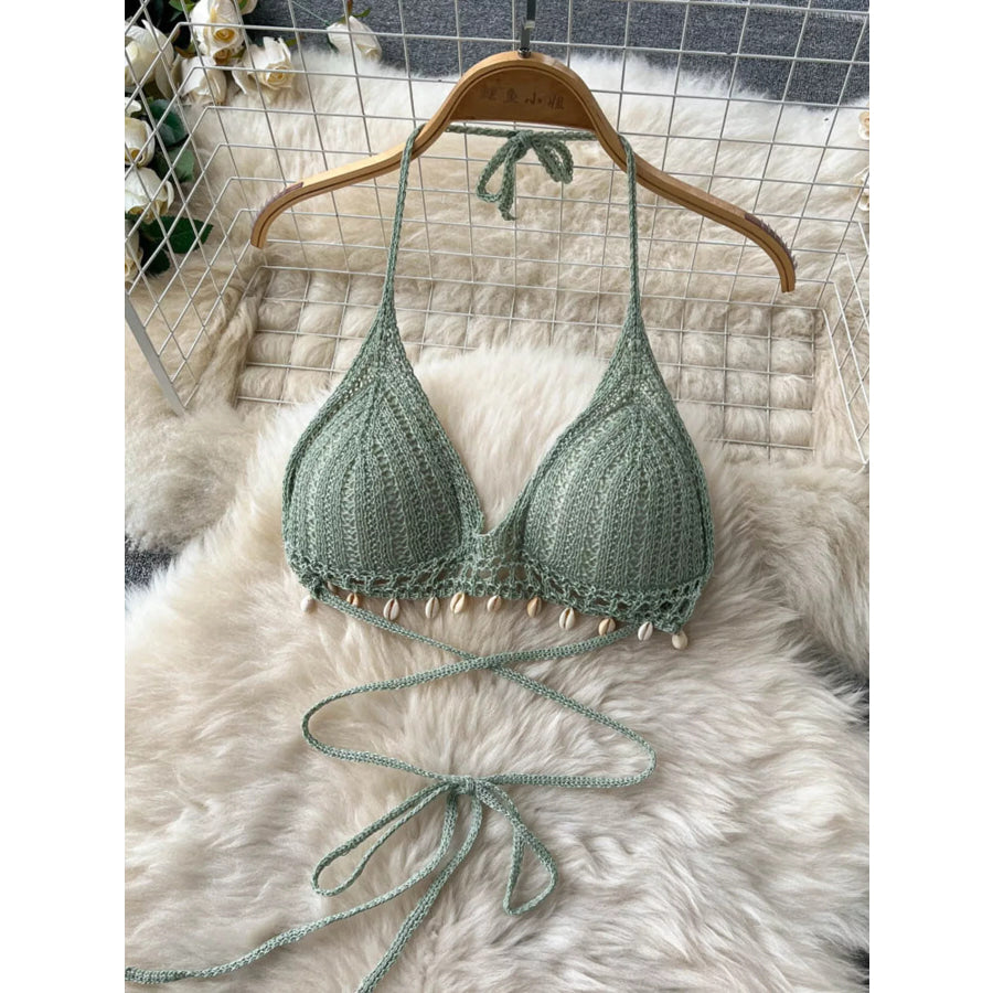 Crochet Knit Halter Neck Top and Wide Leg Pants Set Apparel and Accessories