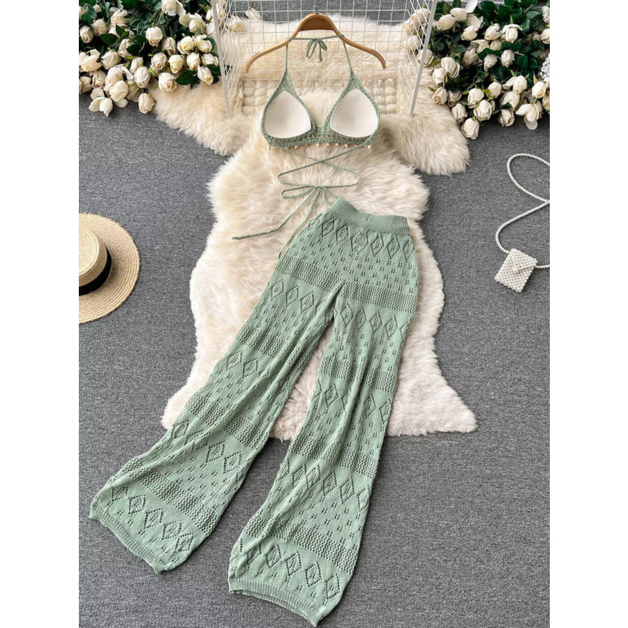 Crochet Knit Halter Neck Top and Wide Leg Pants Set Apparel and Accessories