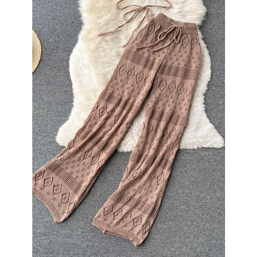 Crochet Knit Halter Neck Top and Wide Leg Pants Set Apparel and Accessories