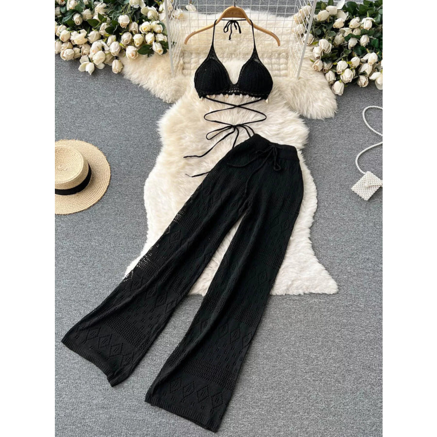 Crochet Knit Halter Neck Top and Wide Leg Pants Set Black / One Size Apparel and Accessories