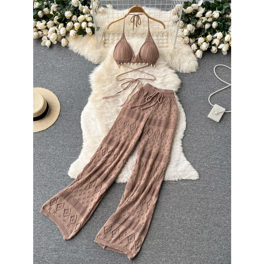 Crochet Knit Halter Neck Top and Wide Leg Pants Set Khaki / One Size Apparel and Accessories