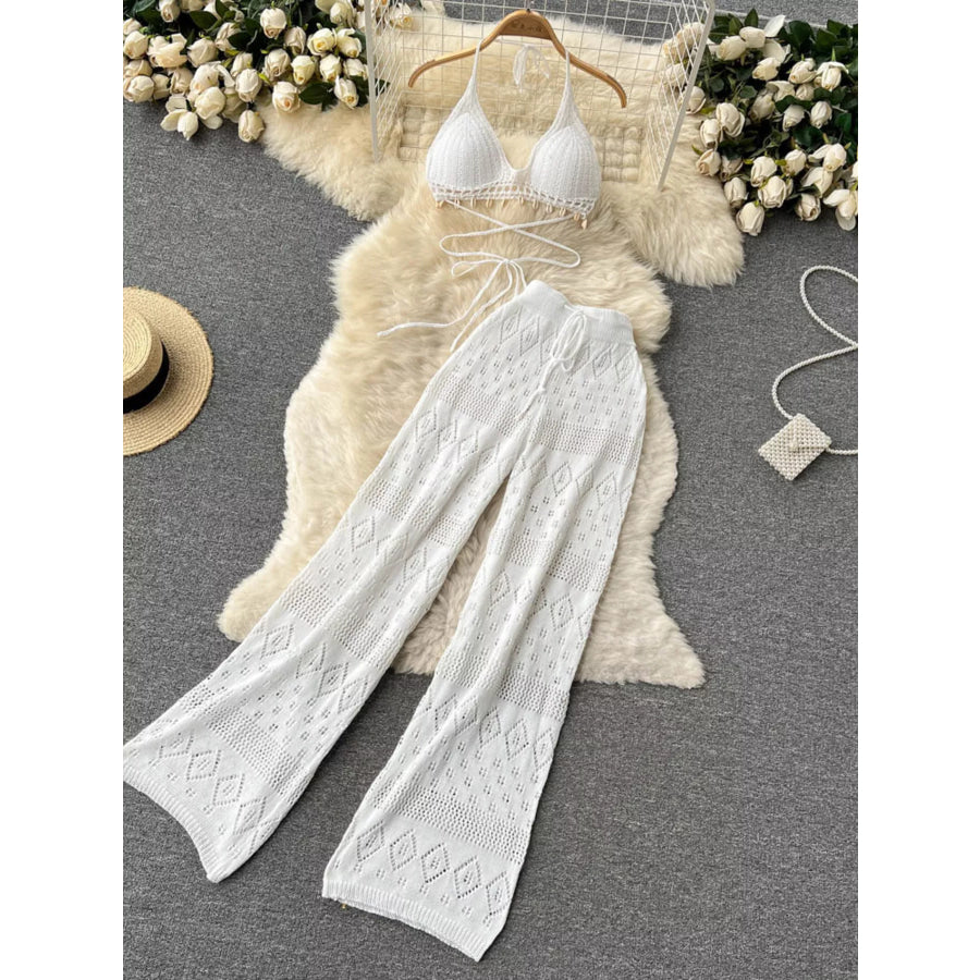 Crochet Knit Halter Neck Top and Wide Leg Pants Set White / One Size Apparel and Accessories