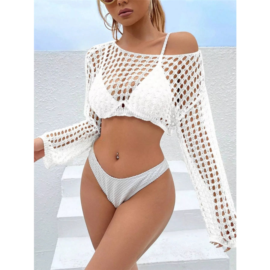 Crochet Knit Long Sleeve Cover-Up White / S Apparel and Accessories