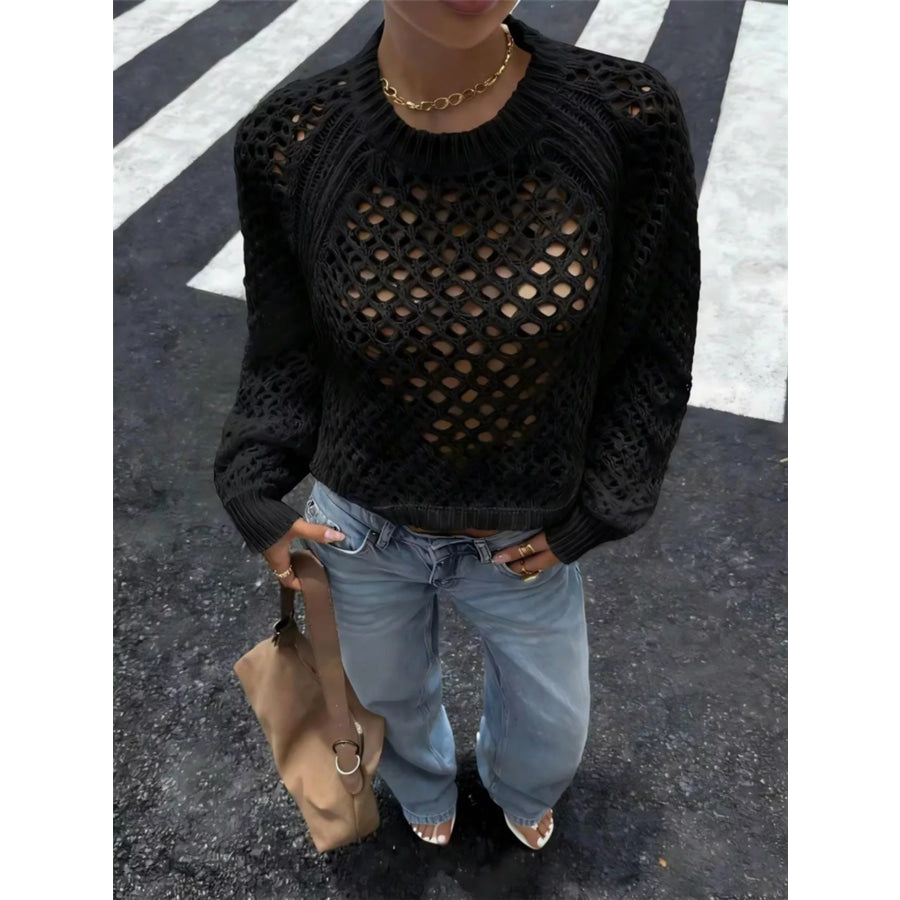 Crochet Knit Raglan Sleeve Sweater Apparel and Accessories