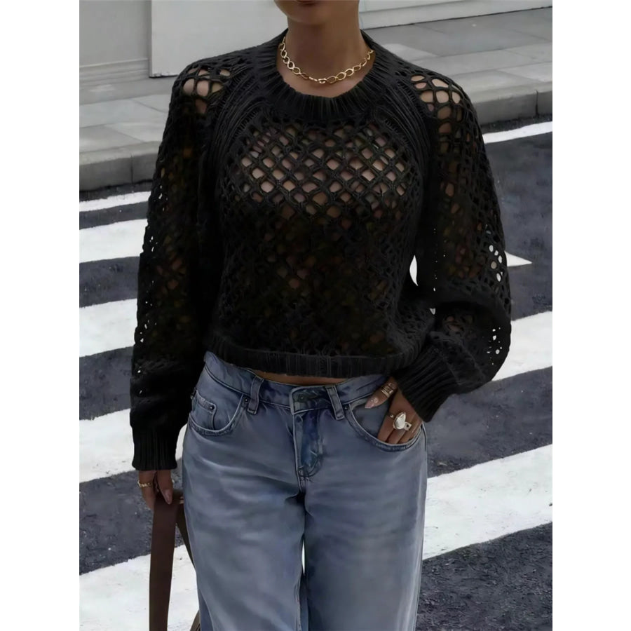 Crochet Knit Raglan Sleeve Sweater Black / S Apparel and Accessories