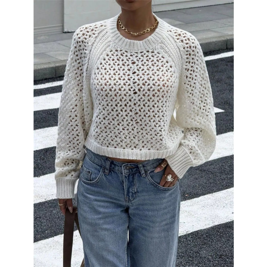Crochet Knit Raglan Sleeve Sweater White / S Apparel and Accessories