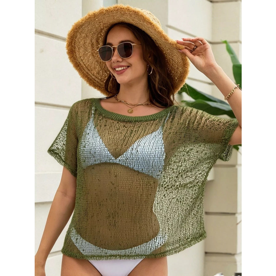 Crochet Knit Round Neck Cover-Up Army Green / S Apparel and Accessories