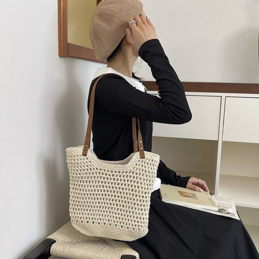 Crochet Knit Shoulder Bag Cream White / One Size Apparel and Accessories