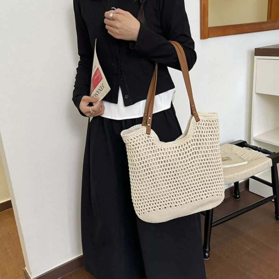Crochet Knit Shoulder Bag Cream White / One Size Apparel and Accessories
