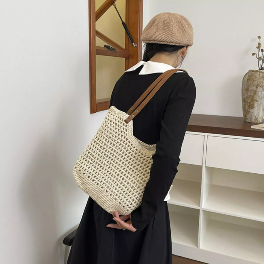Crochet Knit Shoulder Bag Cream White / One Size Apparel and Accessories