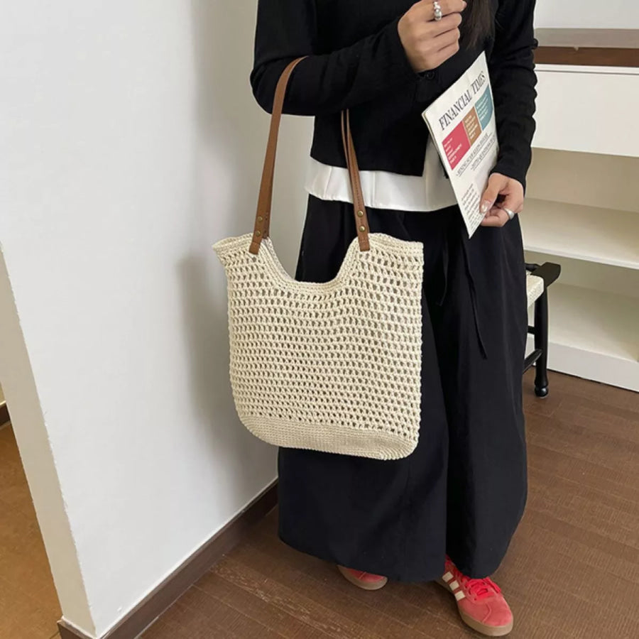 Crochet Knit Shoulder Bag Cream White / One Size Apparel and Accessories