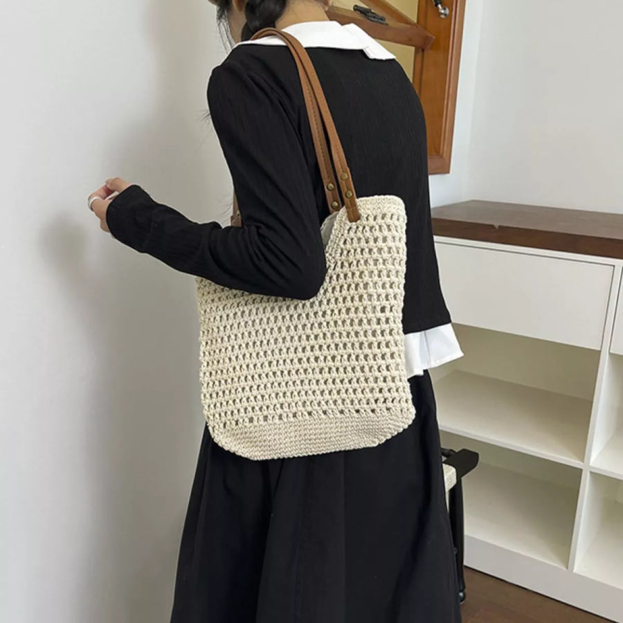 Crochet Knit Shoulder Bag Cream White / One Size Apparel and Accessories