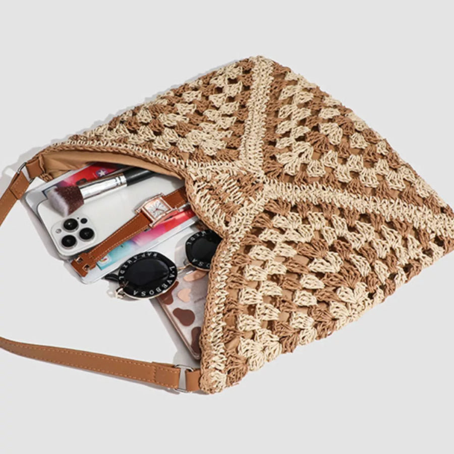 Crochet Knit Shoulder Bag Light Brown / onesize Apparel and Accessories