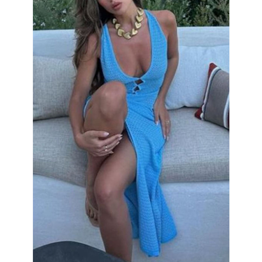 Crochet Knit Slit Cover-Up Dress Apparel and Accessories