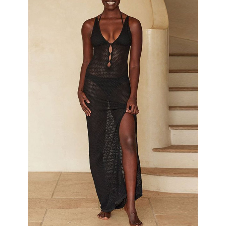 Crochet Knit Slit Cover-Up Dress Black / S Apparel and Accessories