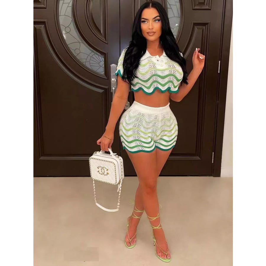 Crochet Knit Sweater Set with Zigzag Pattern Green Stripe / S Apparel and Accessories