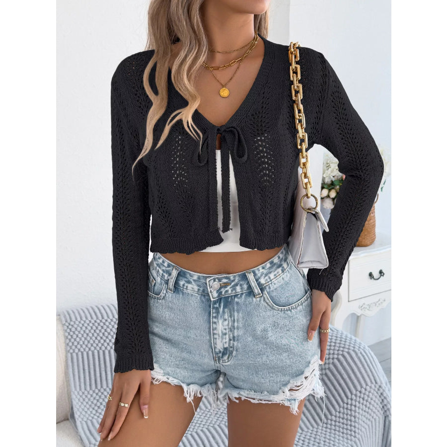 Crochet Knit Tie Front Cropped Cardigan Apparel and Accessories