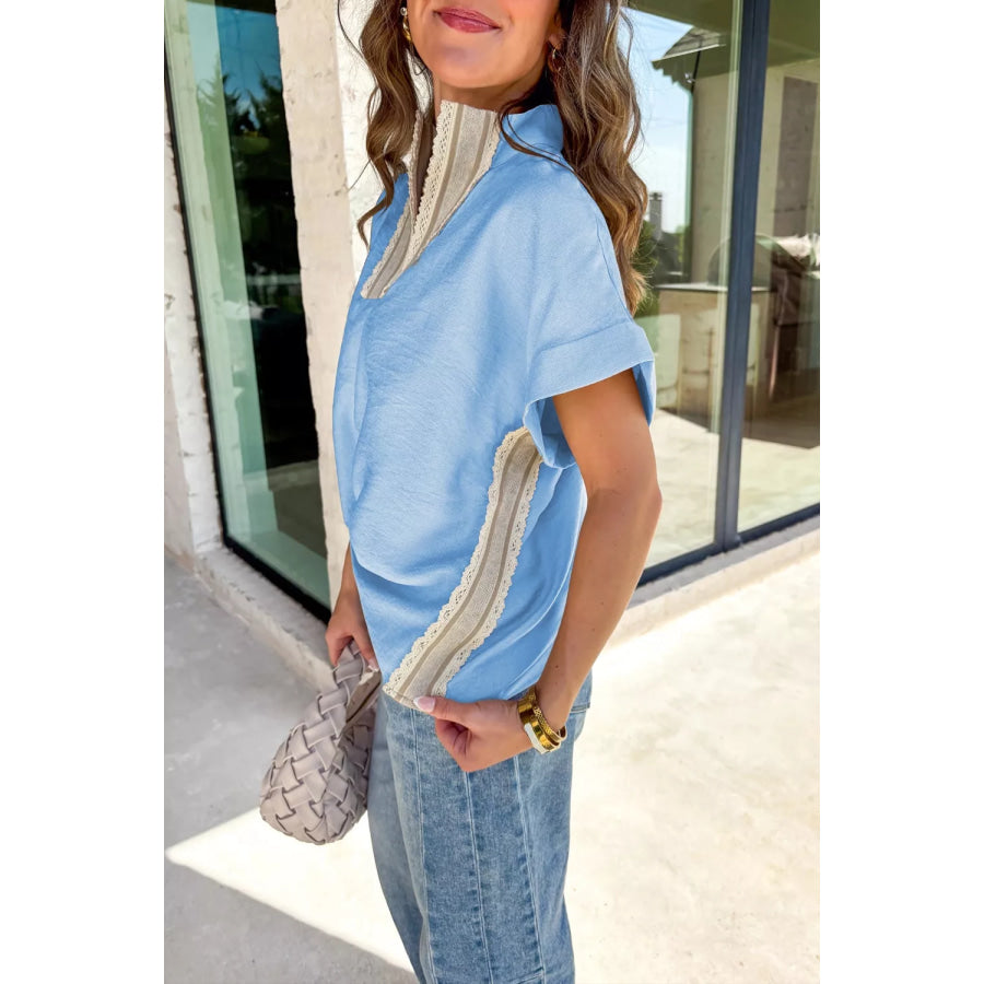 Crochet Lace Accent Pullover Rolled Short Sleeve Blouse Apparel and Accessories