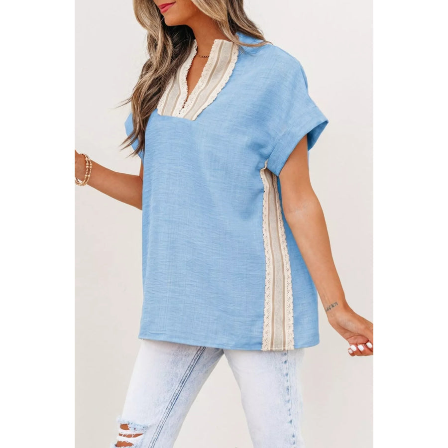 Crochet Lace Accent Pullover Rolled Short Sleeve Blouse Apparel and Accessories